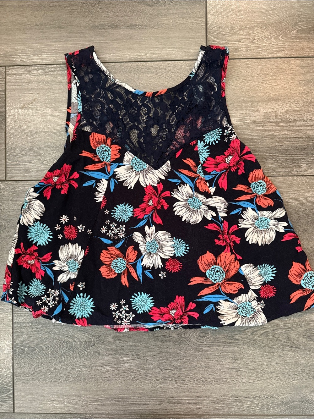 Forever 21 Navy Floral Lace Yoke Tank with Pink & Teal Flowers